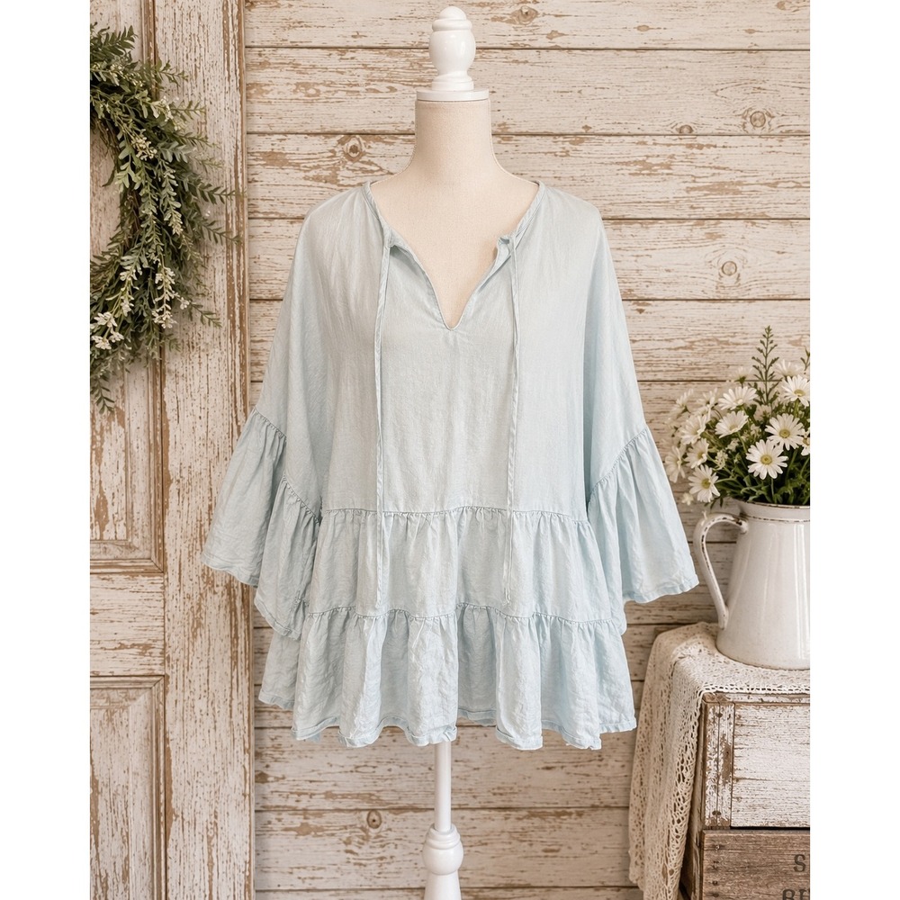 Ady P Light Blue Linen Blend Ruffle Tiered Babydoll Boho Oversized V-Neck Size L